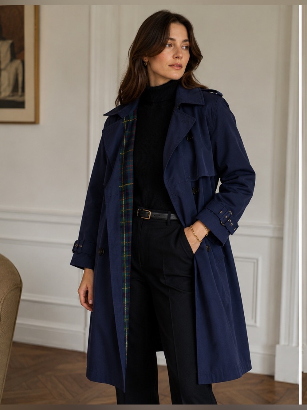 Vintage Choozie Deep Blue Double-Breasted Trench Coat with Tartan Lining
